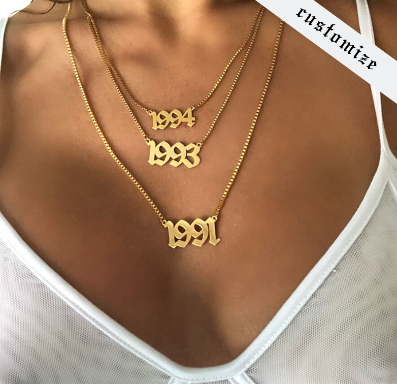 Box Chain Old English Birthdate Necklace
